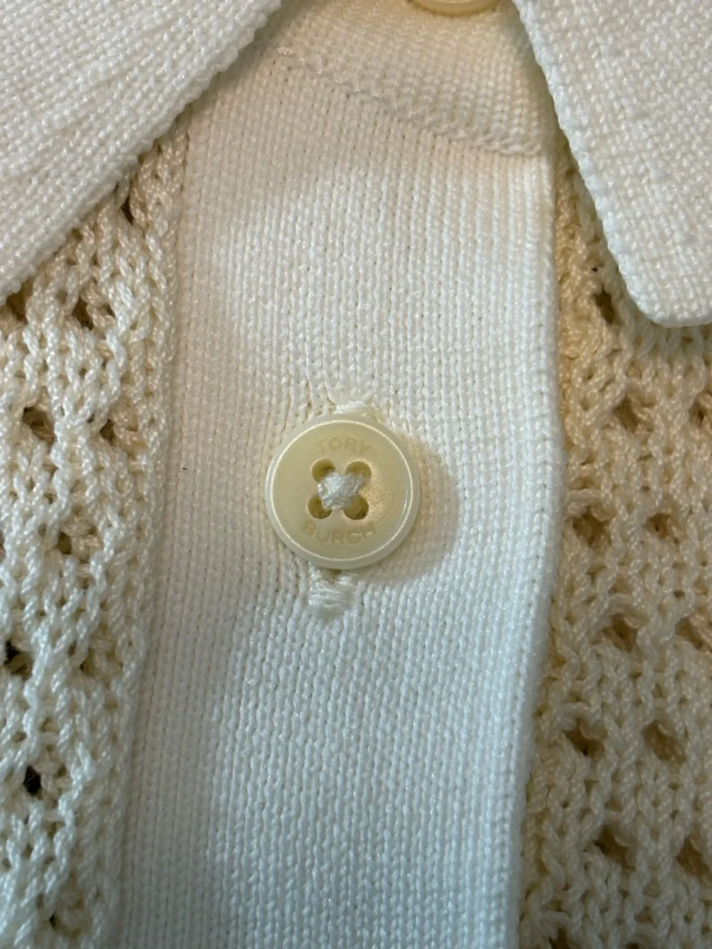 Tory Burch Cream Open Knit Crochet Sweater Pointelle Polo Shirt Top S Small